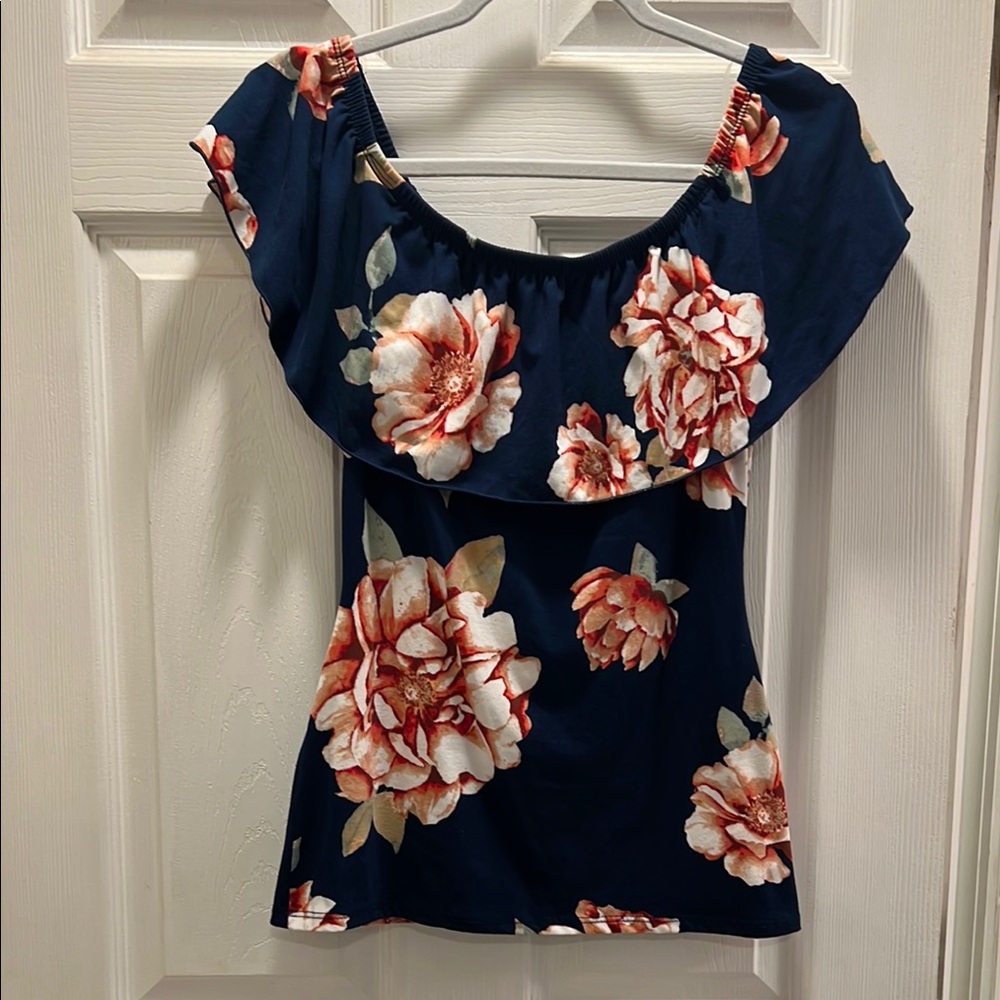 Floral Off-Shoulder Top - Navy and Red